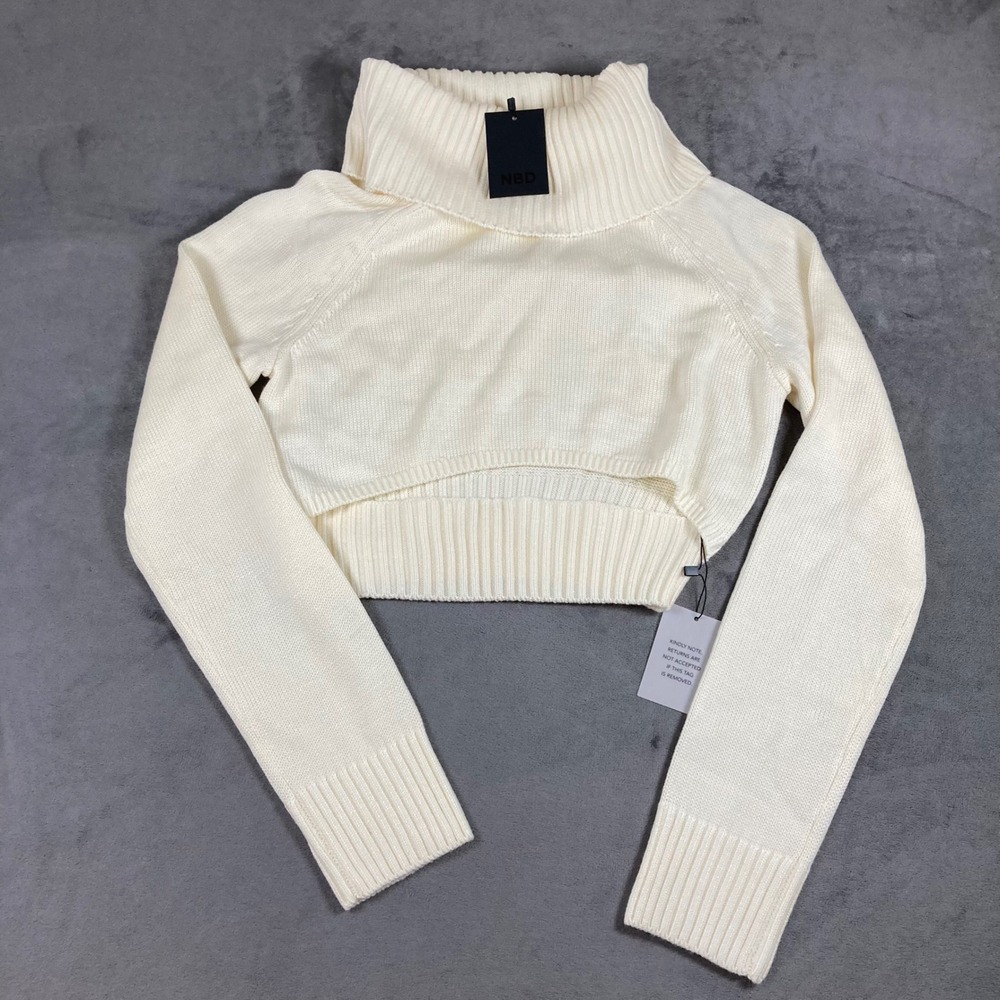 NBD Womens Off White Cropped Turtleneck Sweater Size Medium Ribbed Knit New